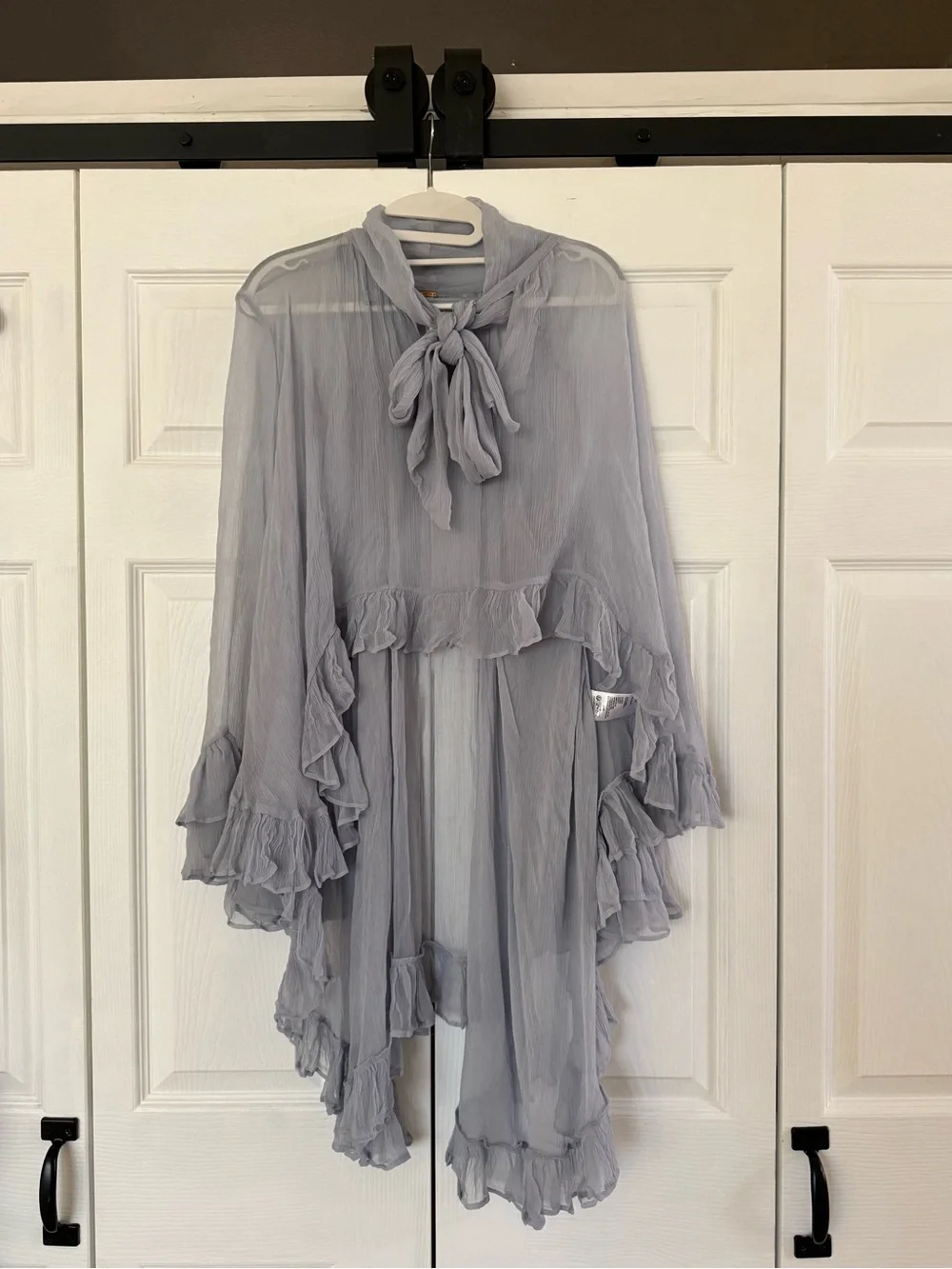 Free People Full Sleeve Frill Top Gray Dawn Light Grey Sheer Ruffle Festival SZM - Picture 4 of 7